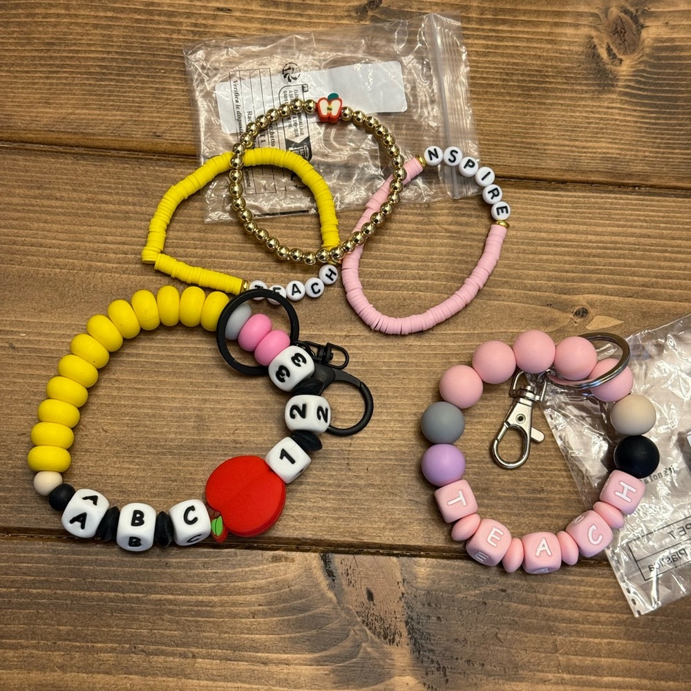 Teacher Teach Silicone Beaded Wristlet Keychain & Bracelet Lot New